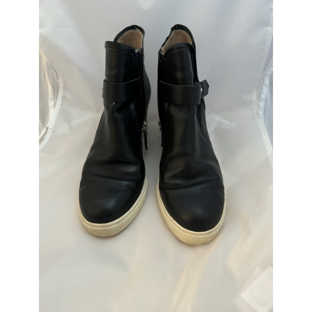 Black Leather Wedge Heel Ankle Booties with Buckle Accent